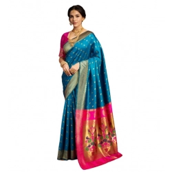 Women's Silk Blend Zari Woven Saree With Unstitched Blouse 5.5Mtr (Aqua)