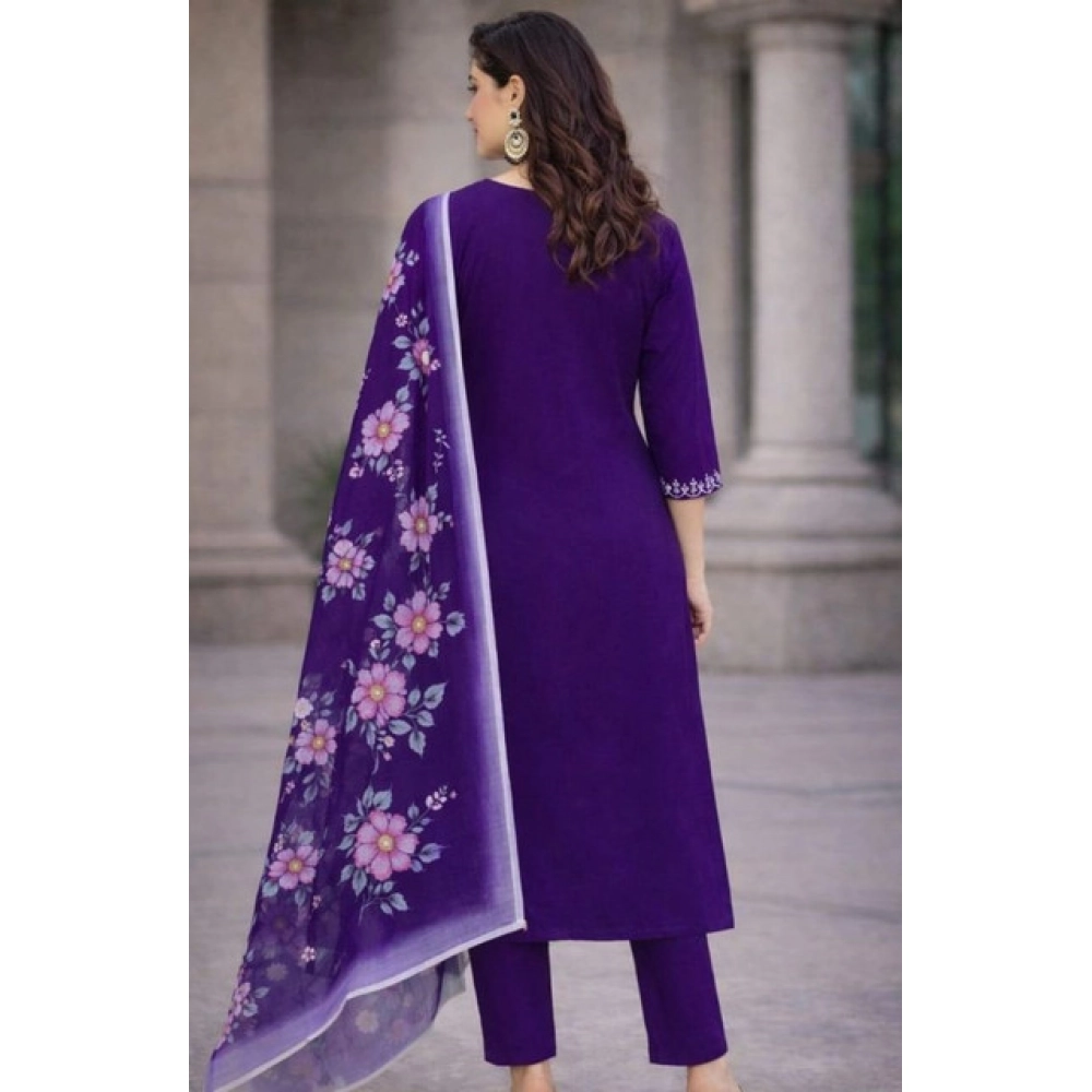 Women's Chanderi Silk Ethnic Motif V-Neck 3/4th Sleeve Kurti With Pant Dupatta Set (Purple)