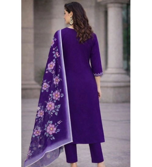 Women's Chanderi Silk Ethnic Motif V-Neck 3/4th Sleeve Kurti With Pant Dupatta Set (Purple)