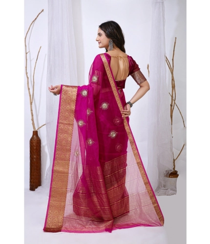 Women's Organza jacquard Embellished Saree With Unstitched Blouse 5.5Mtr (Pink)