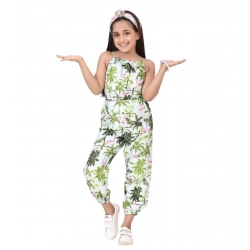 Girl's Denim Embroidered Sleeveless Jumpsuit (White-Green)
