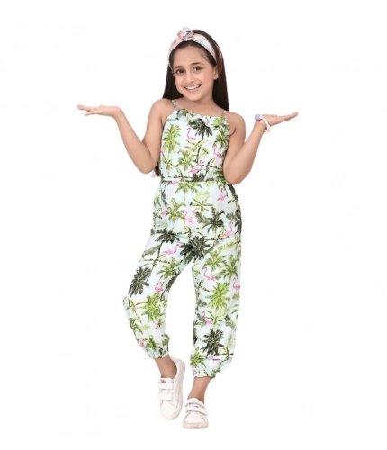 Girl's Denim Embroidered Sleeveless Jumpsuit (White-Green)