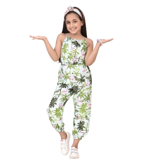 Girl's Denim Embroidered Sleeveless Jumpsuit (White-Green)