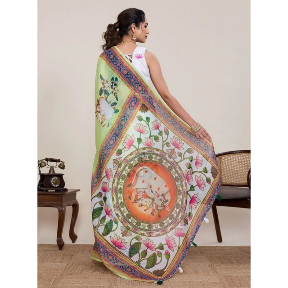 Women's Linen Floral Printed Saree With Unstitched Blouse 5.5Mtr (Light Green) Women's Linen Floral Printed Saree With Unstitched Blouse 5.5Mtr (Light Green)