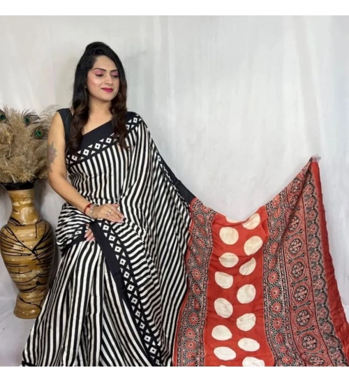 Women's Satin Printed Saree With Unstitched Blouse 5.5Mtr (Black)