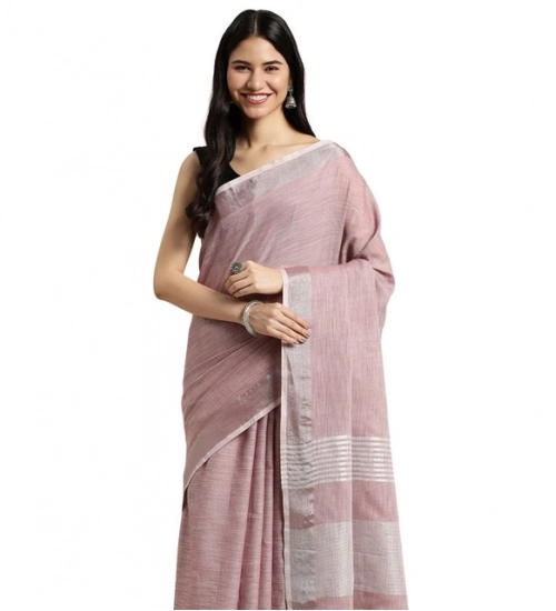 Women's Linen Cotton Printed Saree With Unstitched Blouse 5.5Mtr (Purple)