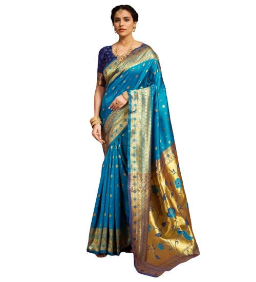 Women's Silk Blend Zari Weaving Saree With Unstitched Blouse 5.5Mtr (Aqua)