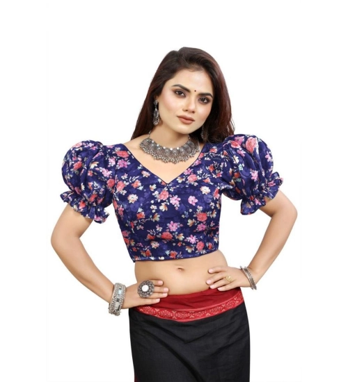 Women's Organza Printed V Neck Puff Sleeve Readymade Blouse (Navy 38 , Alterable up to 42)-PID65868 Women's Organza Printed V Neck Puff Sleeve Readymade Blouse (Navy 38 , Alterable up to 42)-PID65868