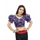 Women's Organza Printed V Neck Puff Sleeve Readymade Blouse (Navy 38 , Alterable up to 42)-PID65868