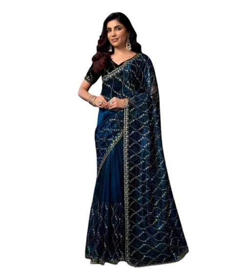 Women's Net Sequence Saree With Unstitched Blouse 5.5Mtr (Blue)