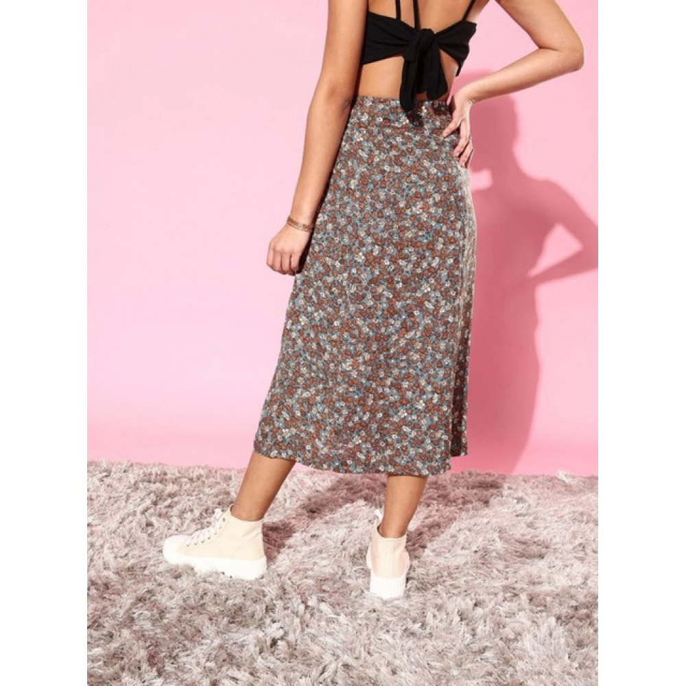 Women's Polyester Floral Side Zip Skirt (Grey - Coral)