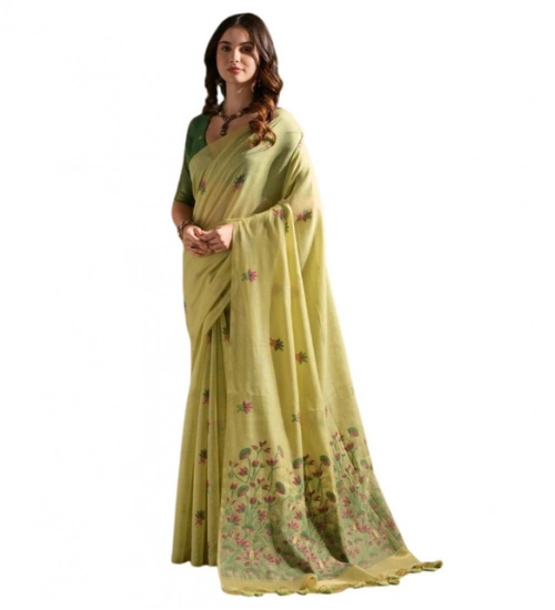 Women's Blended_Cotton Floral Saree With Unstitched Blouse 5.5Mtr (Light_Green)