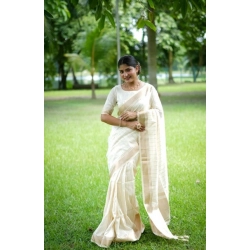 Women's Faux_Banarasi Lining Pattern Saree With Unstitched Blouse 5.5Mtr (Off_White)