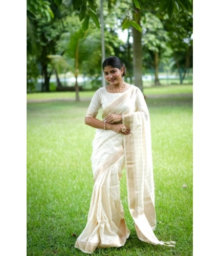 Women's Faux_Banarasi Lining Pattern Saree With Unstitched Blouse 5.5Mtr (Off_White)