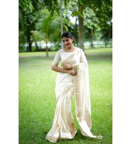 Women's Faux_Banarasi Lining Pattern Saree With Unstitched Blouse 5.5Mtr (Off_White)