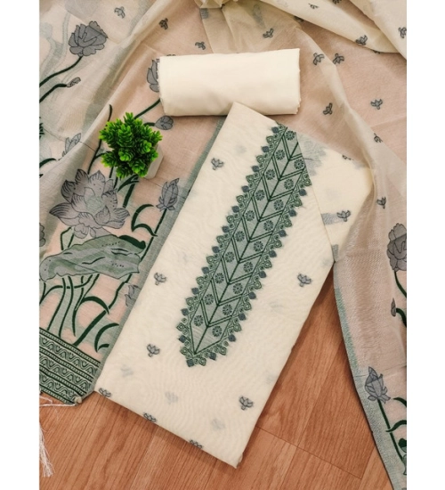 Women's Banarasi Silk Printed Unstitched Salwar Suit Material With Dupatta (OffWhite, 3Mtrs)