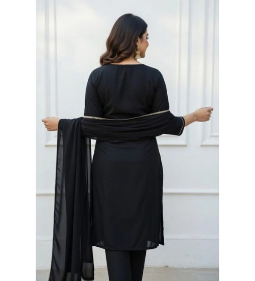 Women's Georgette Ethnic Motif Round 3/4th Sleeve Kurti With Pant Dupatta Set (Black)