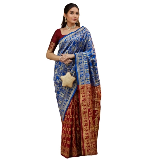 Women's Silk Blend Zari Weaving Saree With Unstitched Blouse 5.5Mtr (Blue)