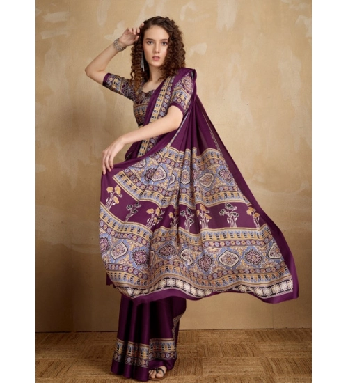 Women's Satin Crepe Printed Saree With Unstitched Blouse 5.5Mtr (Purple)