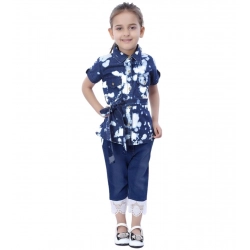 Girl's Denim Tie &amp; Dye Short Sleeve Top (Blue-White)