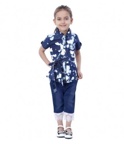 Girl's Denim Tie &amp; Dye Short Sleeve Top (Blue-White)