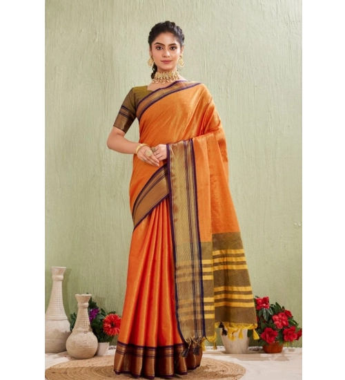 Women's Silk Blended Jaquard Woven Saree With Unstitched Blouse 5.5Mtr (Orange)