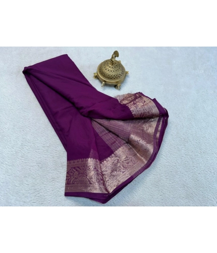 Women's Crepe Chit Pallu Solid Saree With Unstitched Blouse 5.5Mtr (Purple) Women's Crepe Chit Pallu Solid Saree With Unstitched Blouse 5.5Mtr (Purple)