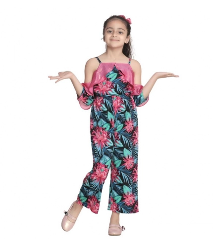 Girl's Polyester Floral Cold Shoulder Jumpsuit (Pink)