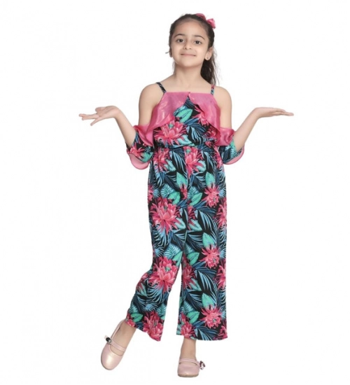 Girl's Polyester Floral Cold Shoulder Jumpsuit (Pink)
