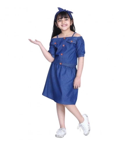 Girl's Denim Solid Cold Shoulder Top and Skirt Set (Navy Blue)