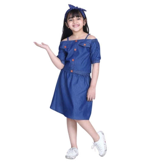 Girl's Denim Solid Cold Shoulder Top and Skirt Set (Navy Blue)