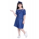Girl's Denim Solid Cold Shoulder Top and Skirt Set (Navy Blue) Girl's Denim Solid Cold Shoulder Top and Skirt Set (Navy Blue)