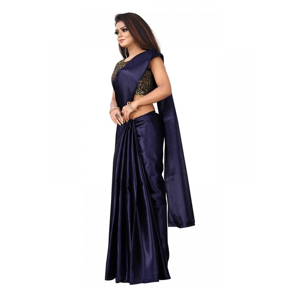 Women's Satin Printed Saree With Unstitched Blouse 5.5Mtr (Navy Blue)