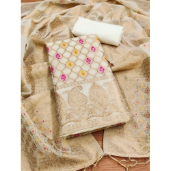 Women's Banarasi Silk Printed Unstitched Salwar Suit Material With Dupatta (White, 3Mtrs)