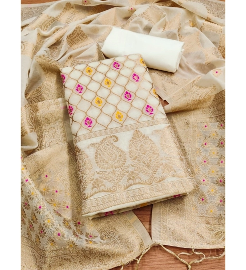 Women's Banarasi Silk Printed Unstitched Salwar Suit Material With Dupatta (White, 3Mtrs)