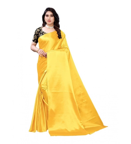Women's Satin Printed Saree With Unstitched Blouse 5.5Mtr (Yellow)