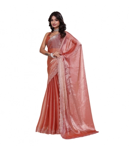 Women's Jimmy choo Embellished Bollywood Saree With Unstitched Blouse 5.5Mtr (Orange)