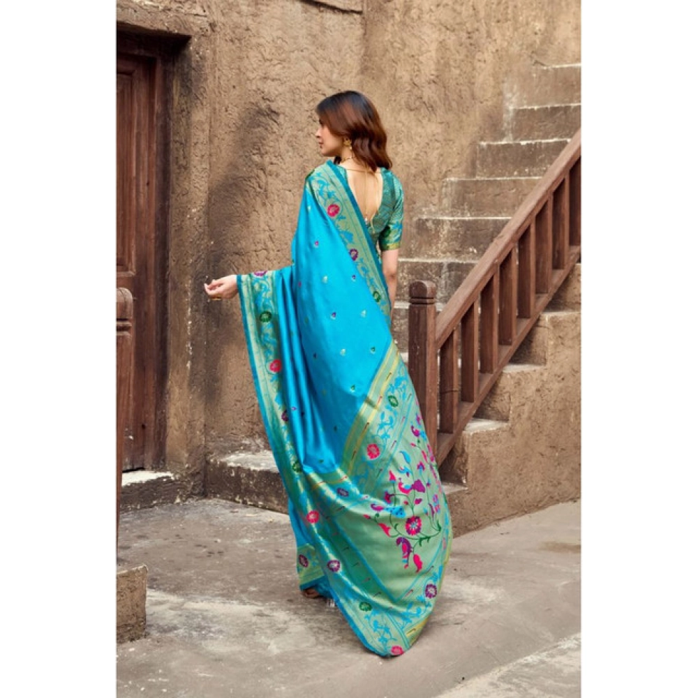 Women's Silk Blend Woven Saree With Unstitched Blouse 5.5 Mtr (Aqua_Blue)