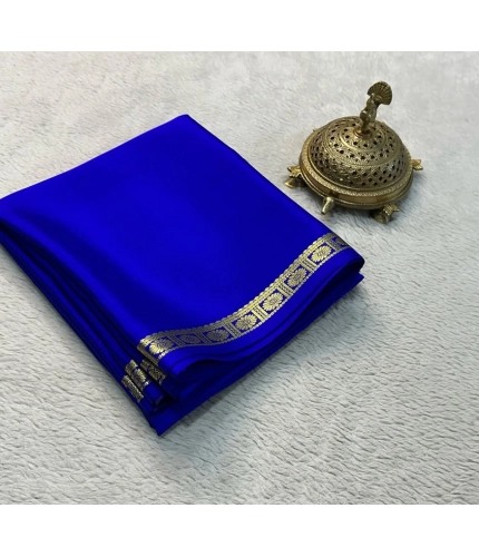 Women's Crepe Chit Pallu Solid Saree With Unstitched Blouse 5.5Mtr (Blue)
