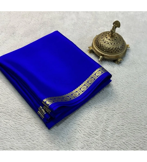 Women's Crepe Chit Pallu Solid Saree With Unstitched Blouse 5.5Mtr (Blue)