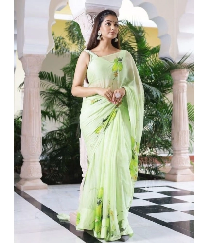 Women's Linen Printed Saree With Unstitched Blouse 5.5Mtr (Green)