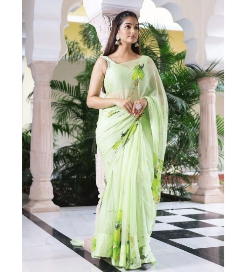 Women's Linen Printed Saree With Unstitched Blouse 5.5Mtr (Green)