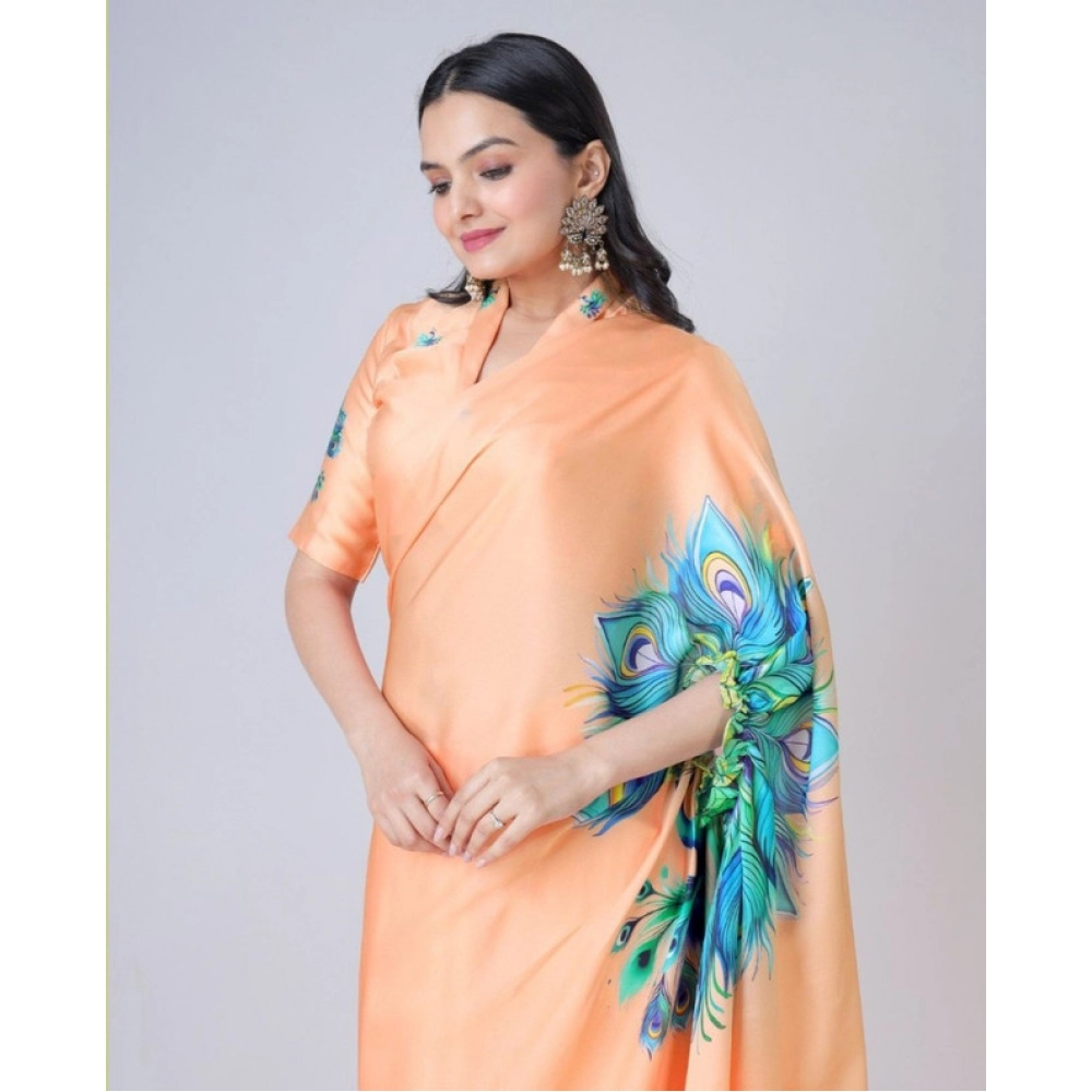 Women's Soft Crepe Silk Printed Ready To Wear Saree With Unstitched Blouse 5.5Mtr (Orange)