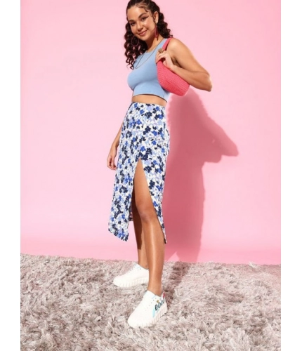 Women's Polyester Floral Side Zip Skirt (Blue - White)