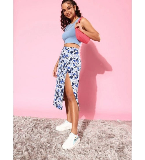 Women's Polyester Floral Side Zip Skirt (Blue - White)