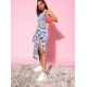 Women's Polyester Floral Side Zip Skirt (Blue - White) Women's Polyester Floral Side Zip Skirt (Blue - White)