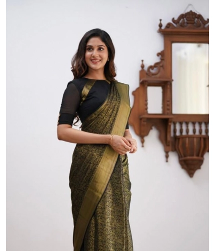 Women's Soft Lichi Silk Printed Saree With Unstitched Blouse 5.5Mtr (Green)