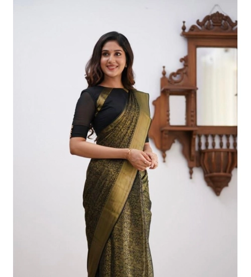 Women's Soft Lichi Silk Printed Saree With Unstitched Blouse 5.5Mtr (Green)