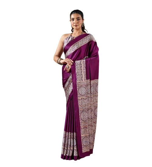 Women's Satin Crepe Printed Saree With Unstitched Blouse 5.5Mtr (Purple)