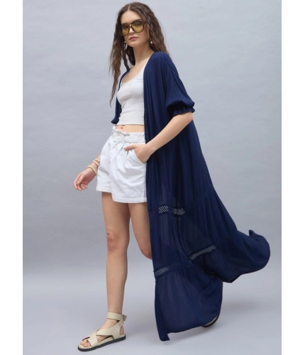 Women's Rayon Crepe Lace Inserts 3-4th Sleeve Shrug (Navy)